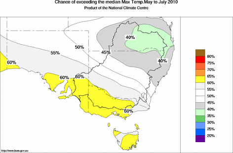 probability of exceeding median maximum temperature - click on the map for a larger version of the map