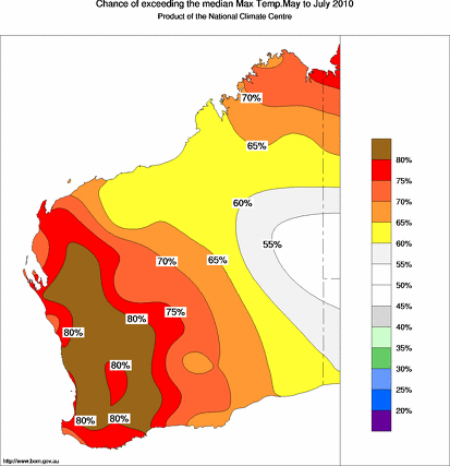 probability of exceeding median maximum temperature - click on the map for a larger version of the map