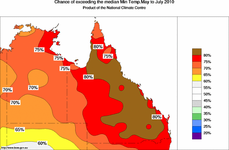 probability of exceeding median minimum temperature - click on the map for a larger version of the map