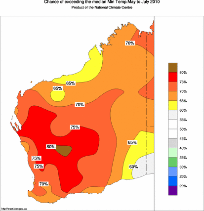 probability of exceeding median minimum temperature - click on the map for a larger version of the map