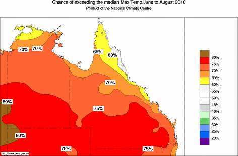 probability of exceeding median maximum temperature - click on the map for a larger version of the map