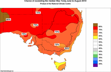 probability of exceeding median maximum temperature - click on the map for a larger version of the map