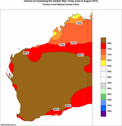 probability of exceeding median maximum temperature - click on the map for a larger version of the map