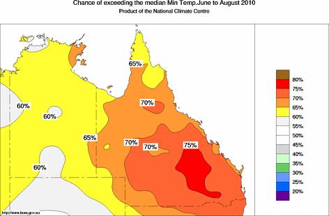 probability of exceeding median minimum temperature - click on the map for a larger version of the map