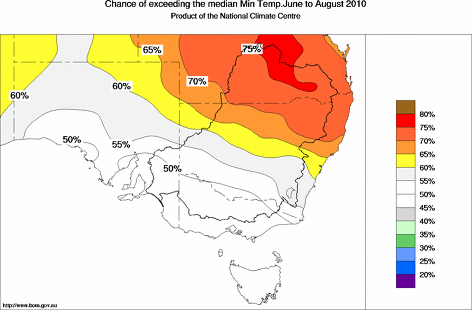 probability of exceeding median minimum temperature - click on the map for a larger version of the map