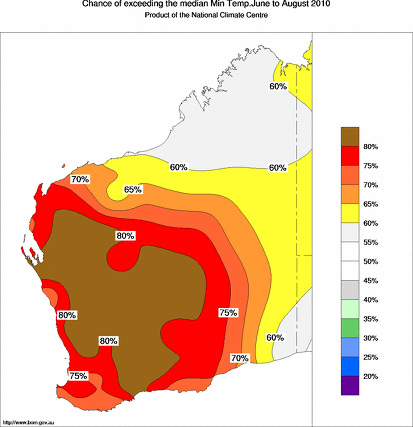 probability of exceeding median minimum temperature - click on the map for a larger version of the map