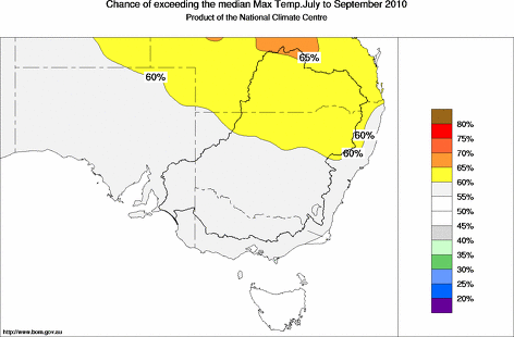 probability of exceeding median maximum temperature - click on the map for a larger version of the map