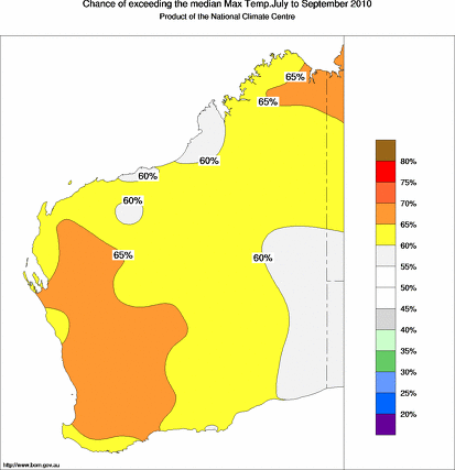 probability of exceeding median maximum temperature - click on the map for a larger version of the map