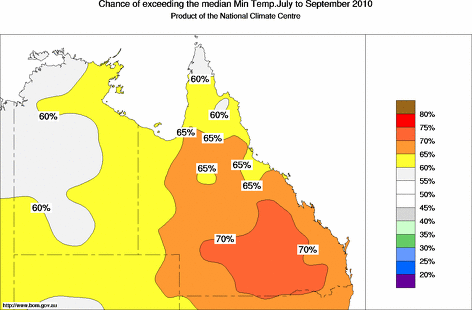 probability of exceeding median minimum temperature - click on the map for a larger version of the map