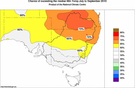 probability of exceeding median minimum temperature - click on the map for a larger version of the map