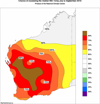 probability of exceeding median minimum temperature - click on the map for a larger version of the map