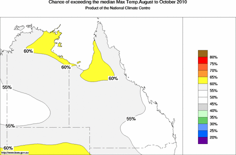 probability of exceeding median maximum temperature - click on the map for a larger version of the map