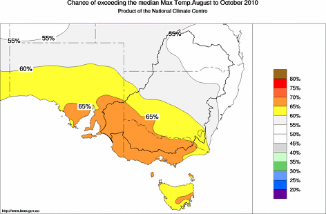 probability of exceeding median maximum temperature - click on the map for a larger version of the map