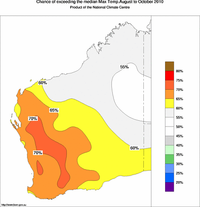 probability of exceeding median maximum temperature - click on the map for a larger version of the map
