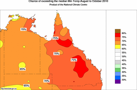 probability of exceeding median minimum temperature - click on the map for a larger version of the map