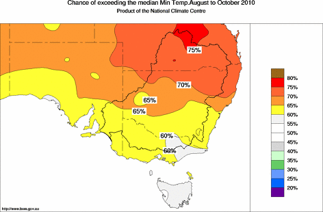 probability of exceeding median minimum temperature - click on the map for a larger version of the map