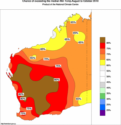 probability of exceeding median minimum temperature - click on the map for a larger version of the map