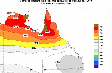 probability of exceeding median maximum temperature - click on the map for a larger version of the map