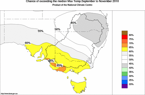 probability of exceeding median maximum temperature - click on the map for a larger version of the map