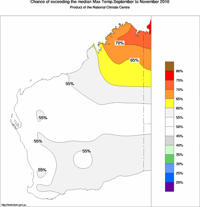probability of exceeding median maximum temperature - click on the map for a larger version of the map