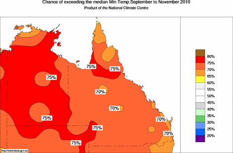 probability of exceeding median minimum temperature - click on the map for a larger version of the map