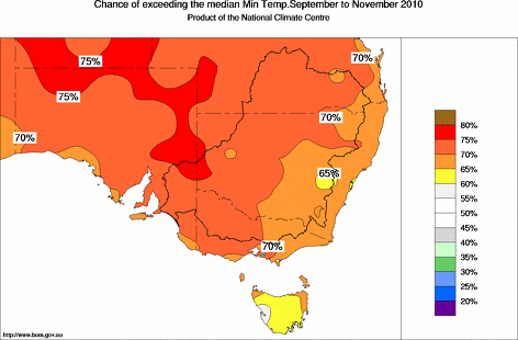 probability of exceeding median minimum temperature - click on the map for a larger version of the map
