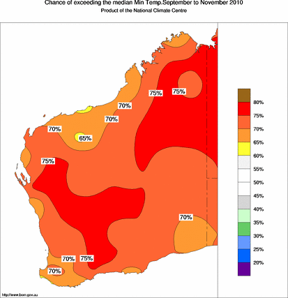 probability of exceeding median minimum temperature - click on the map for a larger version of the map