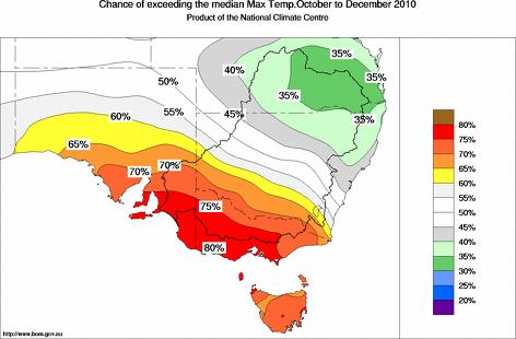 probability of exceeding median maximum temperature - click on the map for a larger version of the map