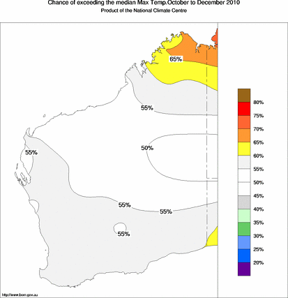 probability of exceeding median maximum temperature - click on the map for a larger version of the map