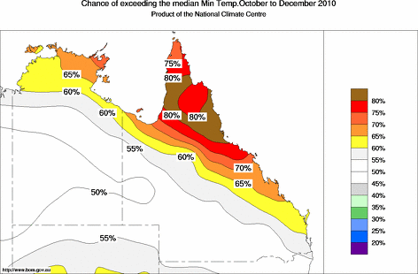 probability of exceeding median minimum temperature - click on the map for a larger version of the map