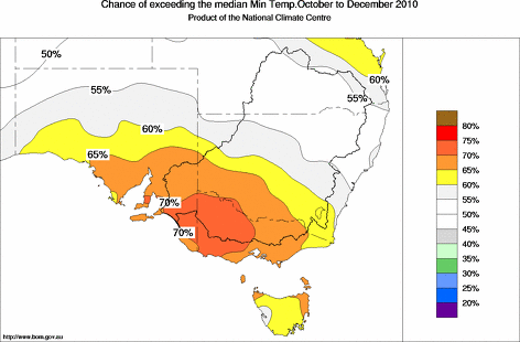 probability of exceeding median minimum temperature - click on the map for a larger version of the map