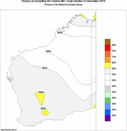 probability of exceeding median minimum temperature - click on the map for a larger version of the map