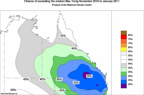 probability of exceeding median maximum temperature - click on the map for a larger version of the map
