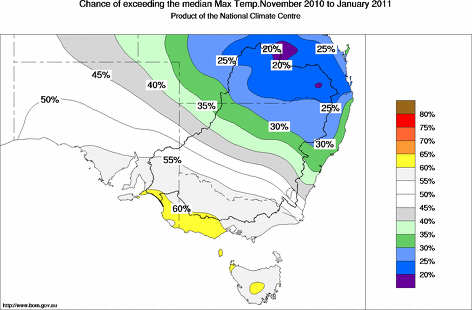probability of exceeding median maximum temperature - click on the map for a larger version of the map