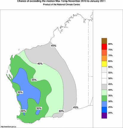 probability of exceeding median maximum temperature - click on the map for a larger version of the map