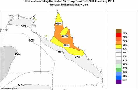 probability of exceeding median minimum temperature - click on the map for a larger version of the map