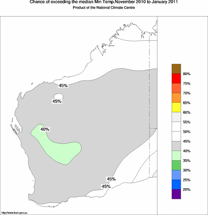 probability of exceeding median minimum temperature - click on the map for a larger version of the map