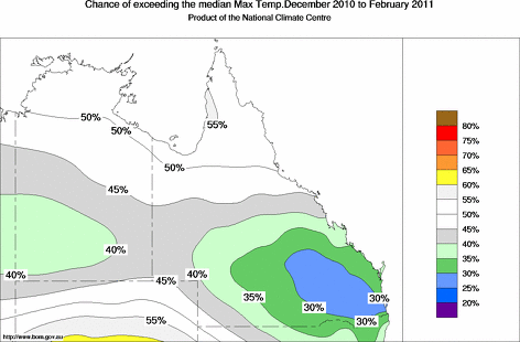 probability of exceeding median maximum temperature - click on the map for a larger version of the map