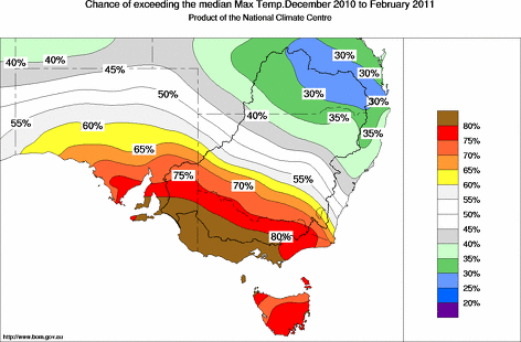 probability of exceeding median maximum temperature - click on the map for a larger version of the map