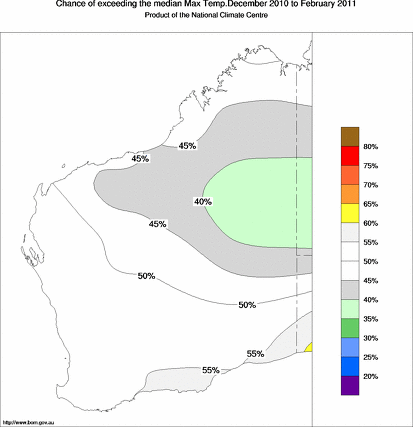 probability of exceeding median maximum temperature - click on the map for a larger version of the map