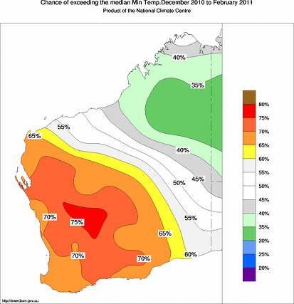 probability of exceeding median minimum temperature - click on the map for a larger version of the map