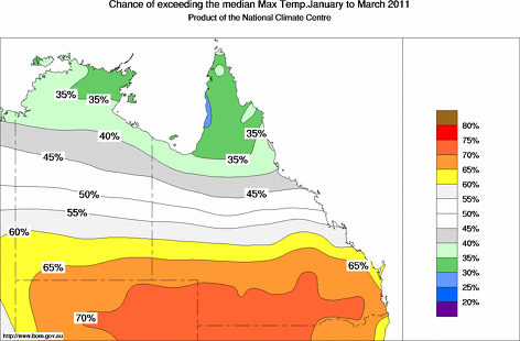 probability of exceeding median maximum temperature - click on the map for a larger version of the map