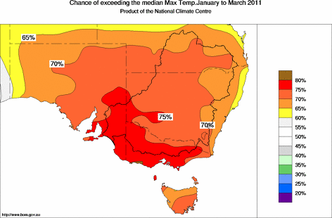 probability of exceeding median maximum temperature - click on the map for a larger version of the map