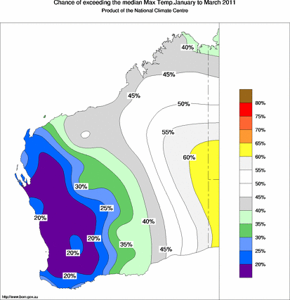 probability of exceeding median maximum temperature - click on the map for a larger version of the map