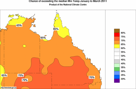 probability of exceeding median minimum temperature - click on the map for a larger version of the map