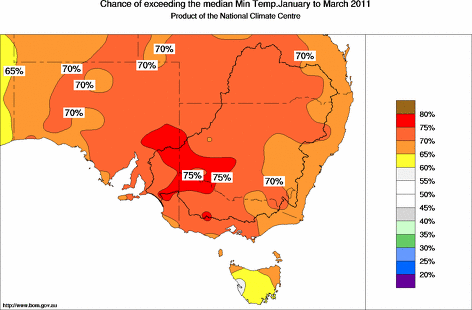 probability of exceeding median minimum temperature - click on the map for a larger version of the map