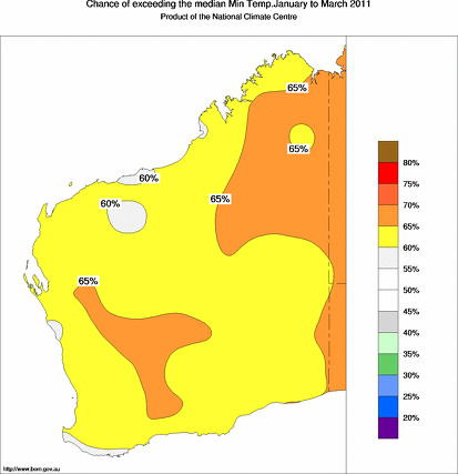 probability of exceeding median minimum temperature - click on the map for a larger version of the map
