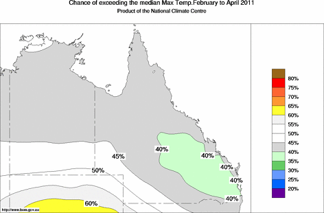 probability of exceeding median maximum temperature - click on the map for a larger version of the map