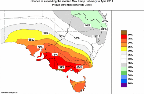 probability of exceeding median maximum temperature - click on the map for a larger version of the map