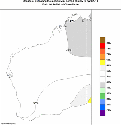 probability of exceeding median maximum temperature - click on the map for a larger version of the map